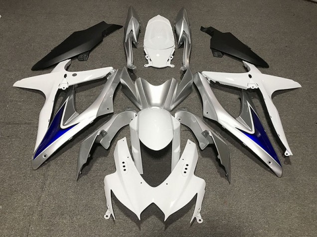 Bianco Lucido Con Parte Inferiore Nera Opaca Argento & Blu 08-10 Suzuki GSXR 600-750 Carene Moto Bianco Lucido Con Parte Inferiore Nera Opaca Argento & Blu 08-10 Suzuki GSXR 600-750 Carene Moto