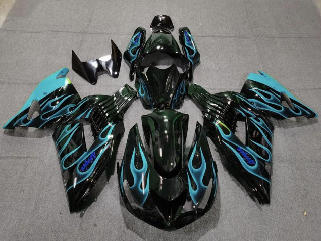 Comprare Carene Moto Kawasaki ZX14R 2006-2011 - Nero Lucido Azzurro Chiaro Fiamma