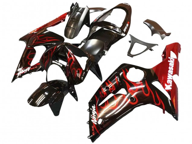 Comprare Carena Moto Kawasaki ZX6R 2003-2004 - Nero Lucido Rosso Fiamma