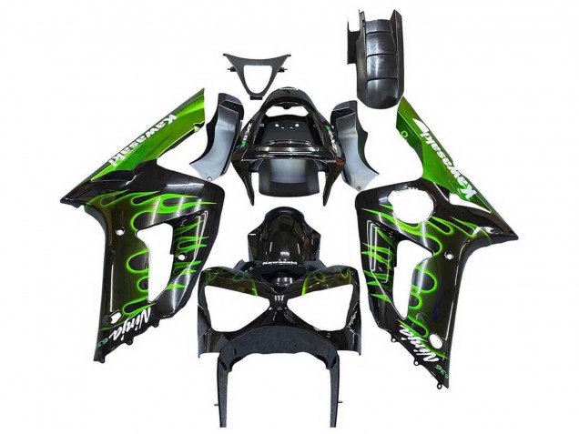 Comprare Carena Moto Kawasaki ZX6R 2003-2004 - Nero Lucido Verde Fiamma