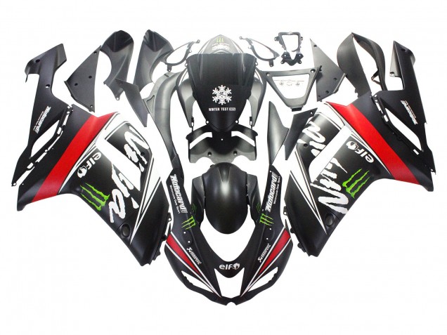 Comprare Carena Moto Kawasaki ZX6R 2007-2008 - Nero Bianco Rosso Bianco Nevicare Decal Ninja Elf