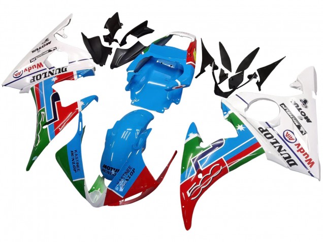 Comprare Carena Moto Yamaha YZF 600 R6 2005 - Azzurro Chiaro Bianco Verde Rosso Kastinee Dunlop Motul